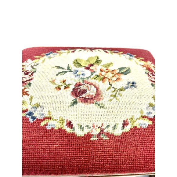 Mahogany Footstool Floral Needlepoint Cushion Foot Rest Vintage Flowers Burgandy - Picture 14 of 16